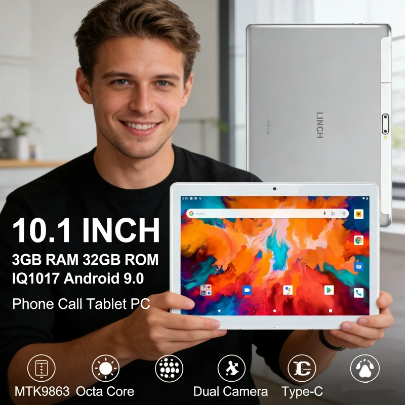 10.1인치 IQ1017 안드로이드 9.0 MLS T10, 통화 기능 지원, 3GB RAM, 32GB ROM, MTK9863 옥타 코어 프로세서, 듀얼 카메라, Type-C, SIM 카드 지원 태블릿 PC