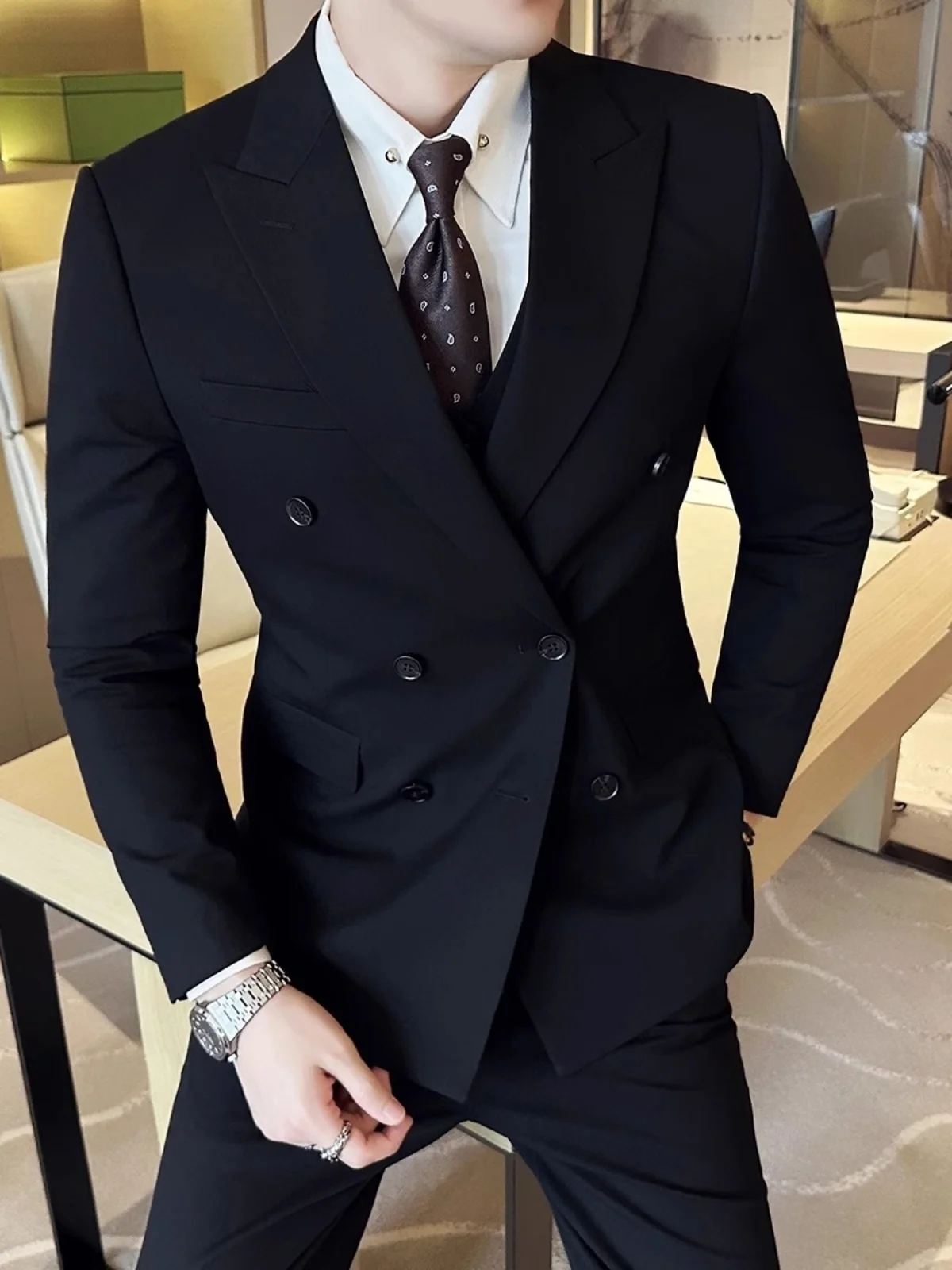 

Briti Sle Double-Row Button Men's Suit Casual Formal Wedding Dr High-End Western Coat Stand Fit Busin Gentleman