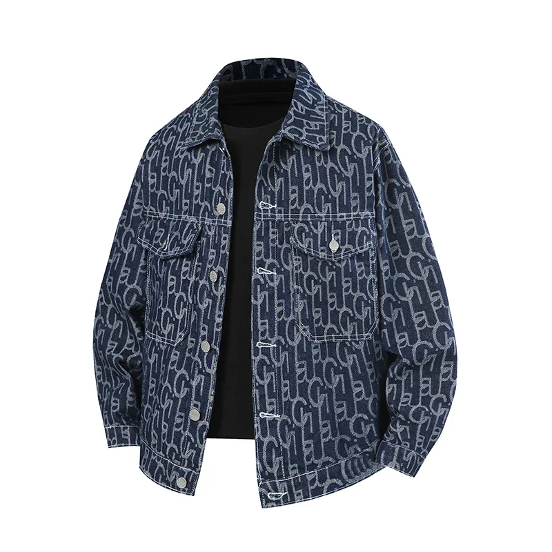 

2025 2025 Hipster Full Print Denim Jacket Heavy Jacquard Lettered Jeans Jacket Lapel Workwear Outdoor Jackets