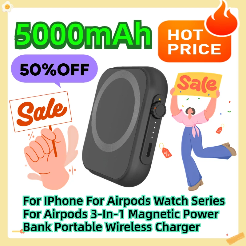

5000mAh For IPhone For Airpods Watch Series For Airpods 3-In-1 Magnetic Power Bank Portable Wireless Charger