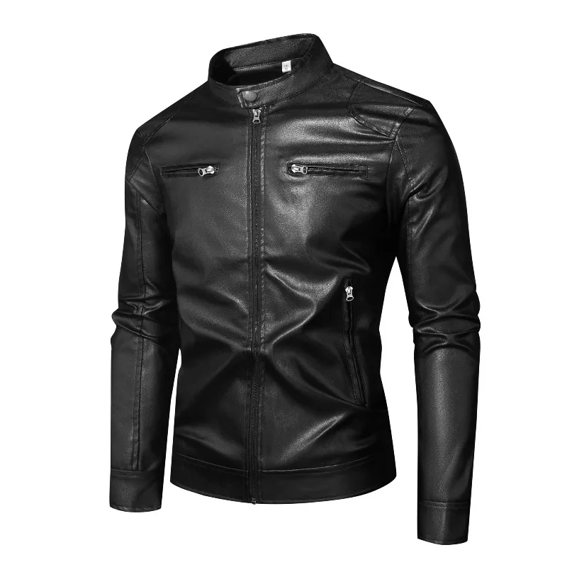 KIDWHXR Men Leather Coat Autumn Business Casual Stand Collar Male Windproof Outerwear Retro Long Sleeve Zipper Man Jacket
