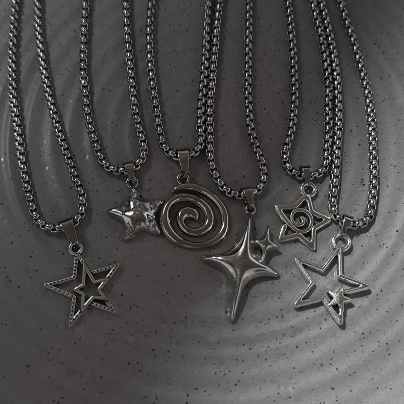 Y2K Minimalist Star Layered Necklaces Silver Tone Geometric Star Spiral Pendant Set for Gift Giving & Daily Wear