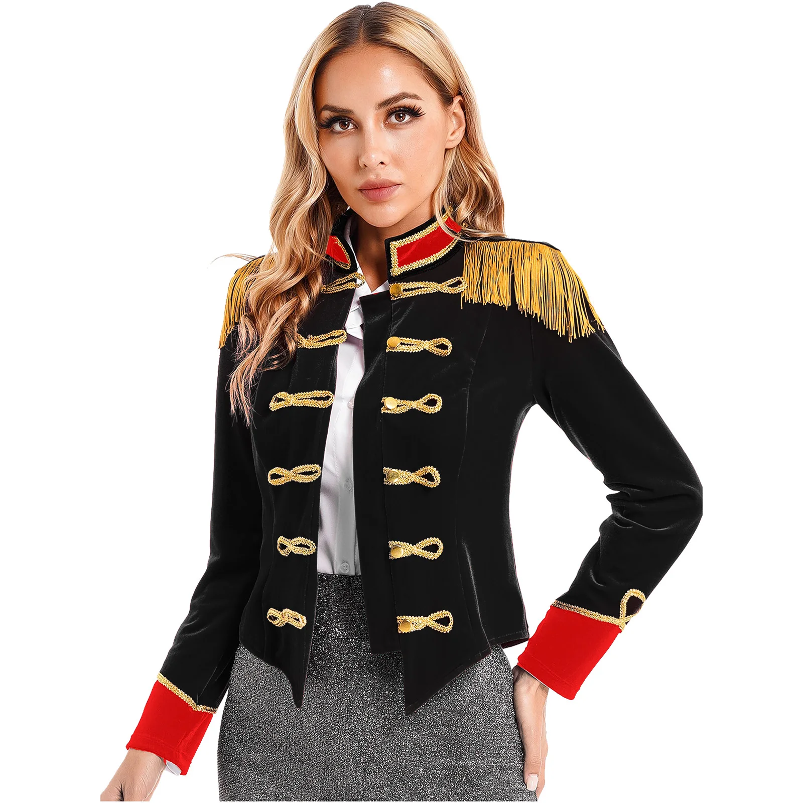 Women Halloween Circus Ringmaster Cosplay Costume Long Sleeve Stand Collar Velvet Jacket Coat for Theme Party Festival Roleplay