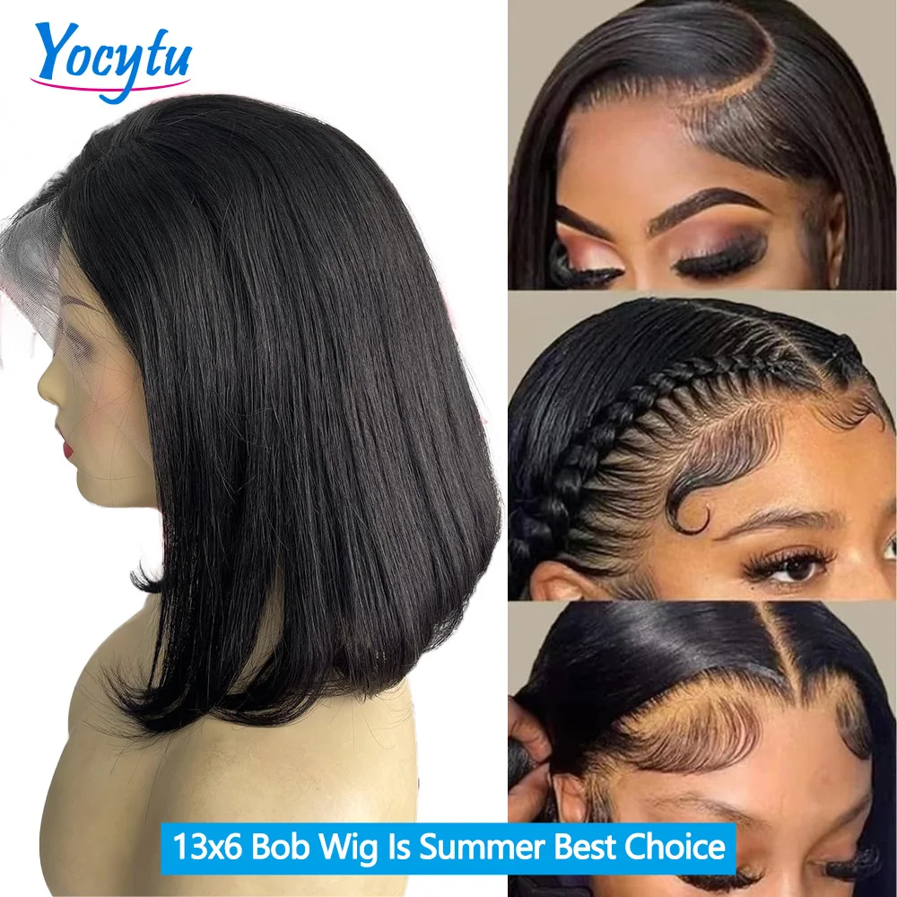 YOCYTU 13x6 Bob Lace Front Perücke Echthaar 12 Zoll Kurze Glatte Bob Frontal Perücken Vorgezupft Transparente Spitzenperücken für Frauen – Detail 3