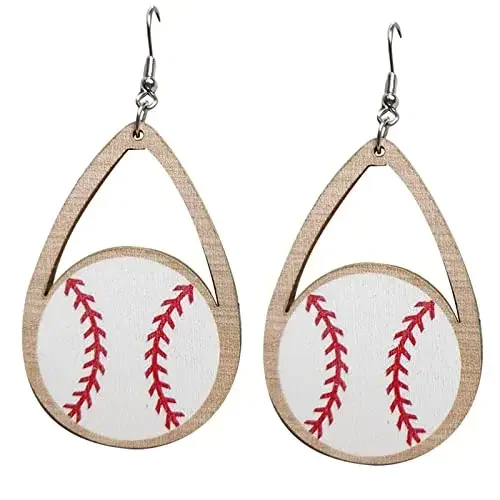 

Vintage Sports Baseball Dangle Earrings Printed Wood Teardrop Shaped Hollowed Out Football Drop Earrings for Women Jewelry Gift