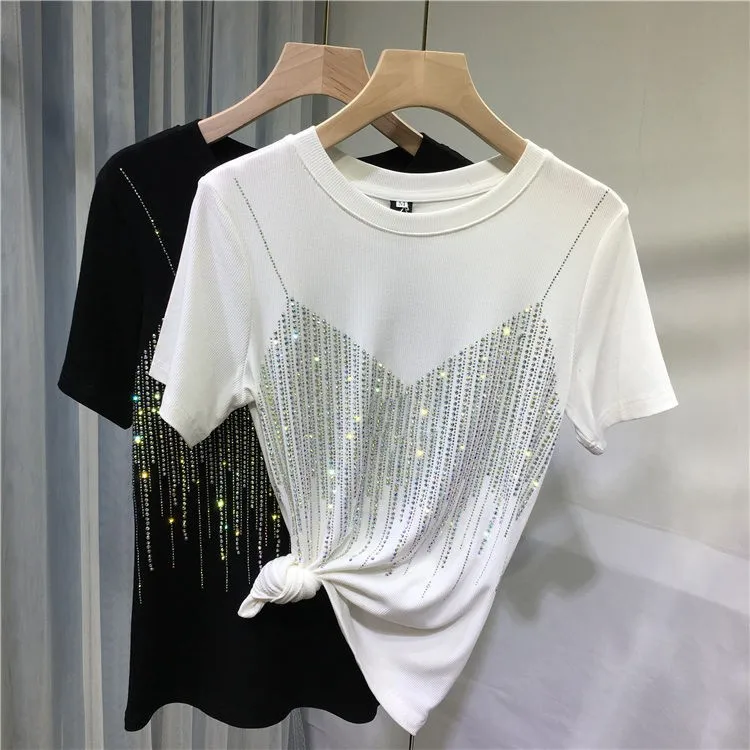 4XL Plus Size Chic Summer Diamond Short Sleeve T Shirt For Women Casual Solid Color O Neck T-shirt Ladies Streetwear Tees Top