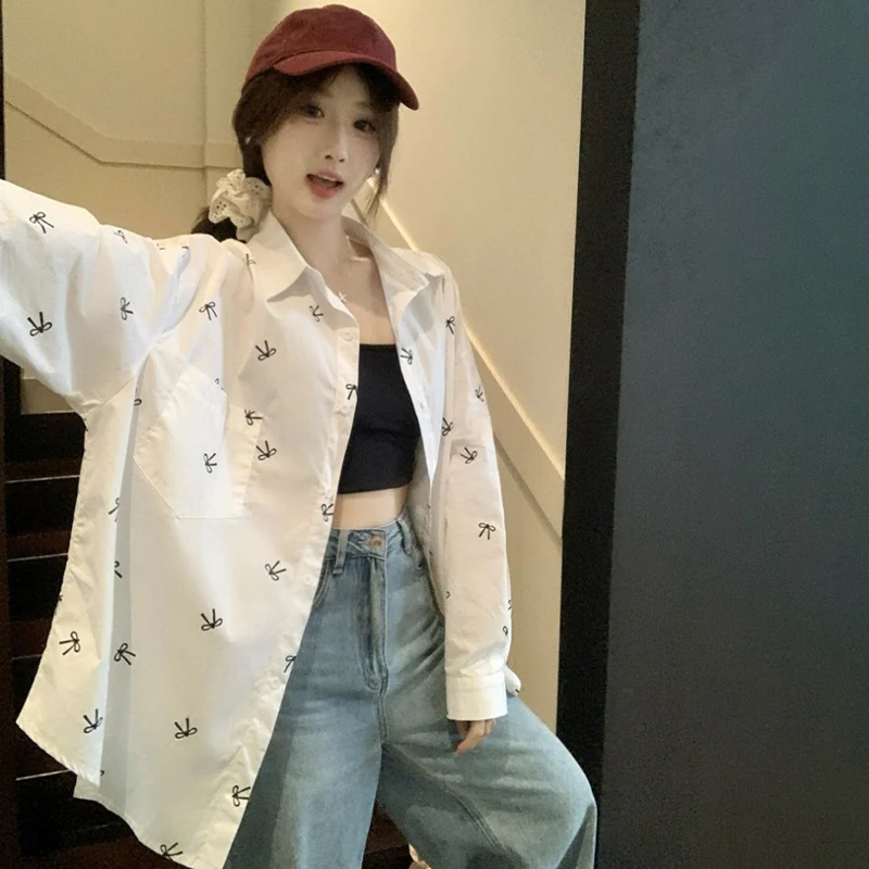Summer New Bow Tie Long Sleeve Shirt Women's Lapel Loose Shirt Jacket Design Top