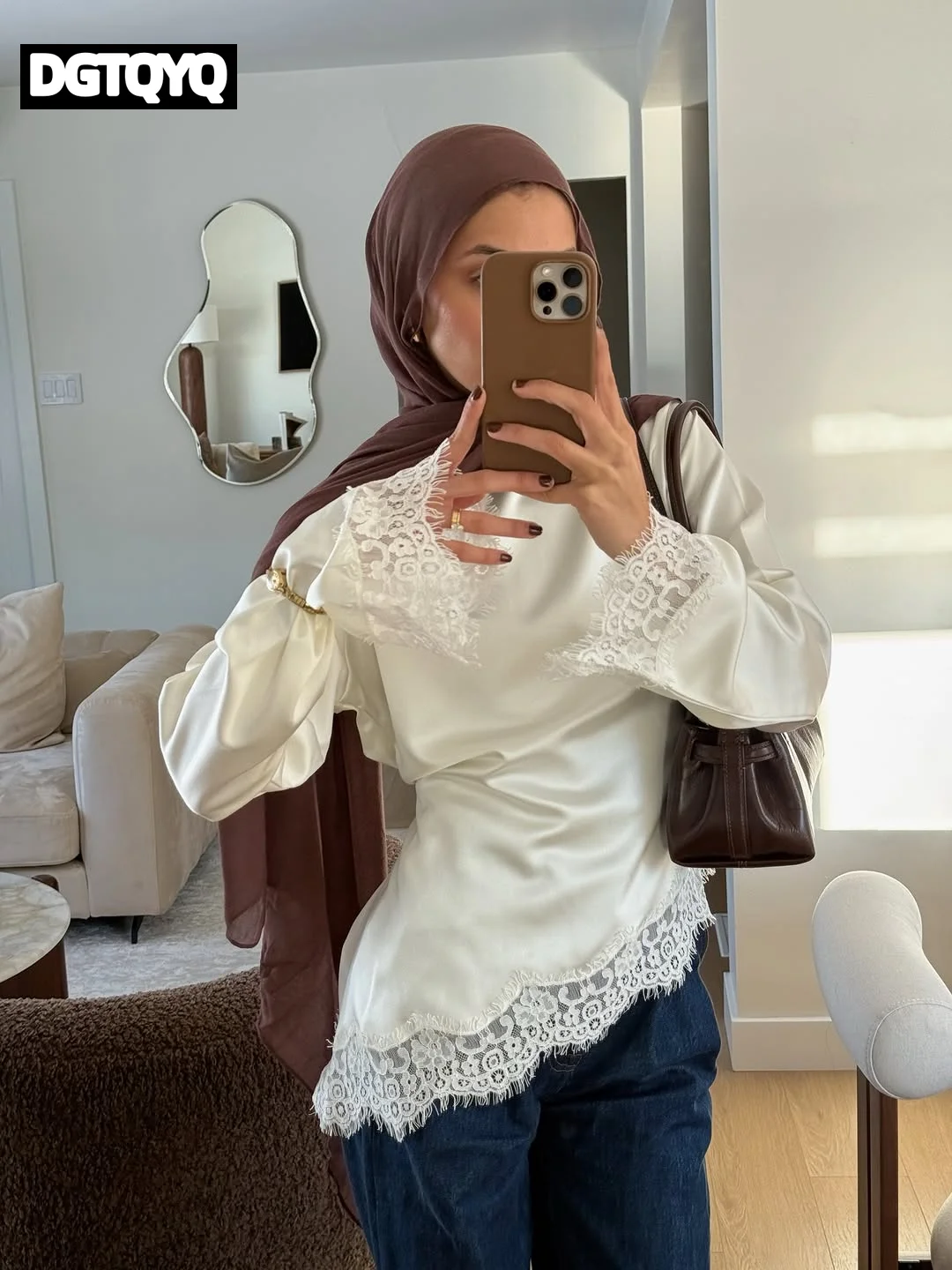 

Elegant Satin Lace Patchwork Top Women O-neck Loose Long Sleeves Strappy Female shirt 2026 Spring Autumn Chic Lady T-shirt
