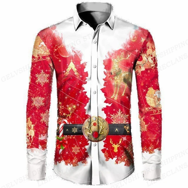 

2024 New Hawaiian Shirts Christmas Tree Printed Shirts Men Fashion Shirts Long Sleeve Beach Blouse Lapel Bluoses Men's Clothing