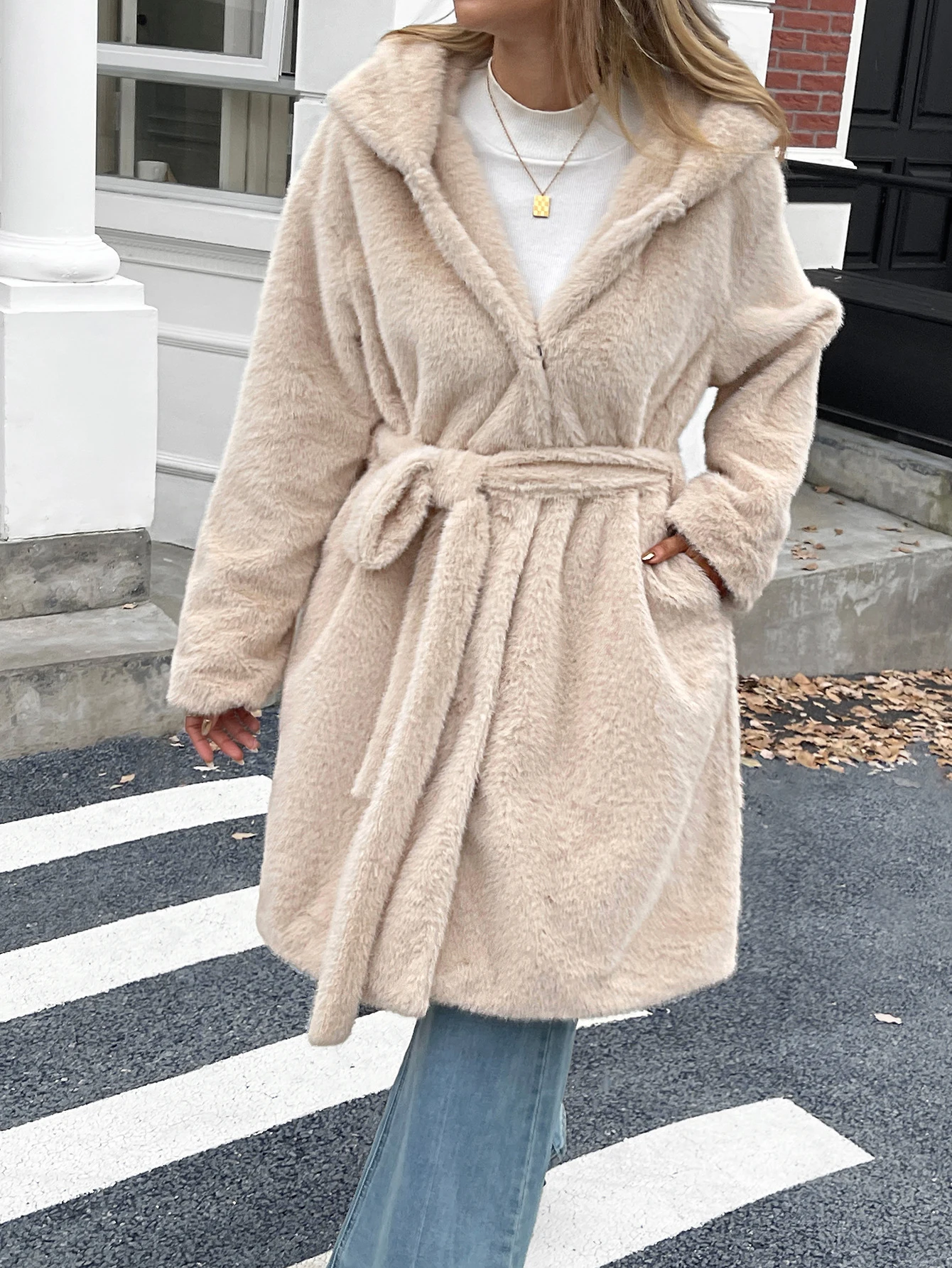 Diyun Elegante damesjas met lange mouwen Herfst-wintermode met capuchon Europese Amerikaanse stijl Leerbont Geïntegreerde bovenkleding