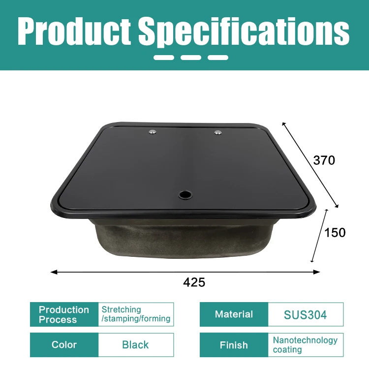 JDA Black Coated SS304 RV Sink Hand Wash Basin With Cover For Caravans Trailers Motorhomes & Marine Use