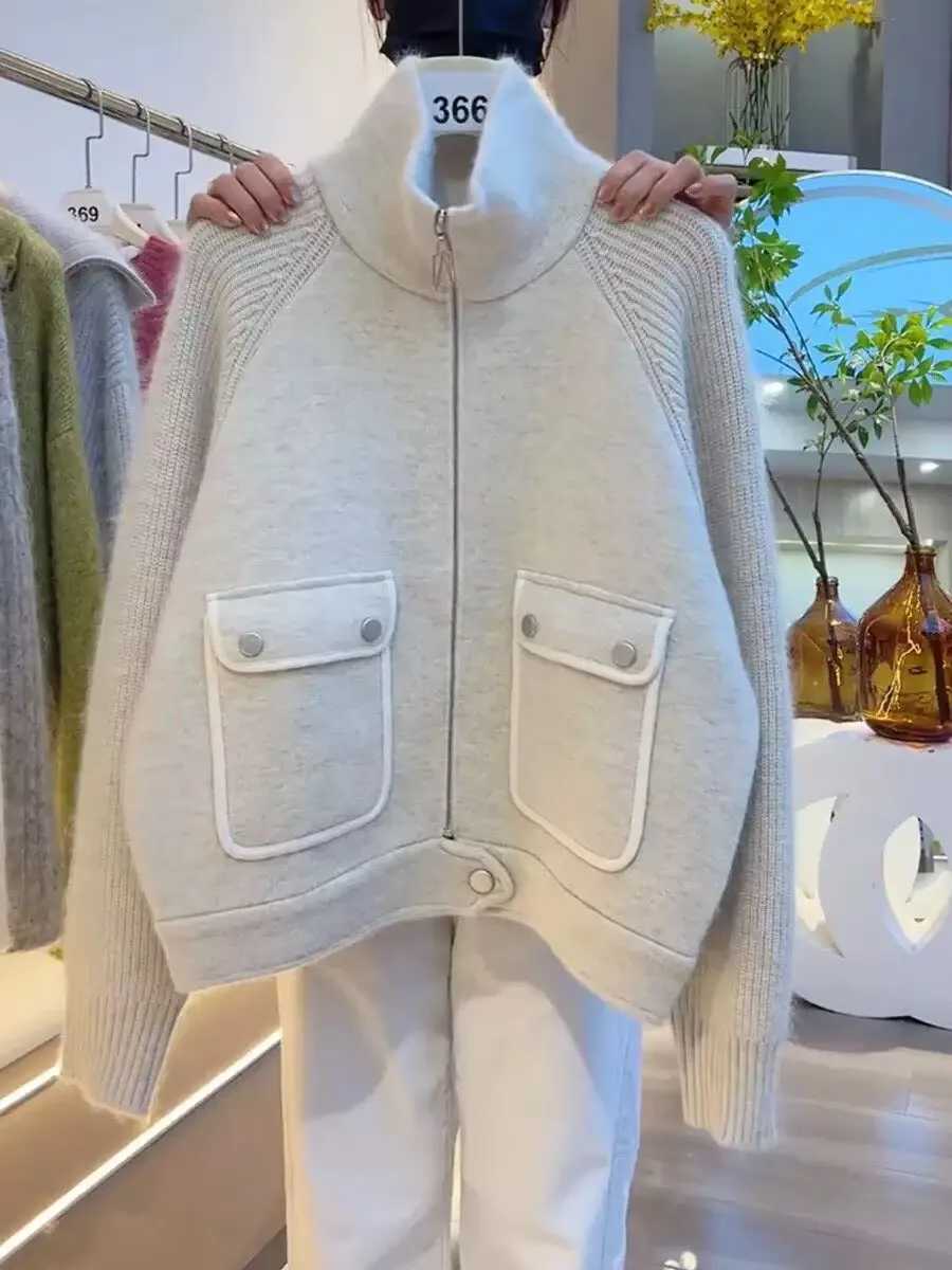 Ladies High Collar Knitted Sweater Coat Double Pocket Lazy Style Warm Autumn New Fashion  Zipper Knitwear Patchwork Sweatshirt