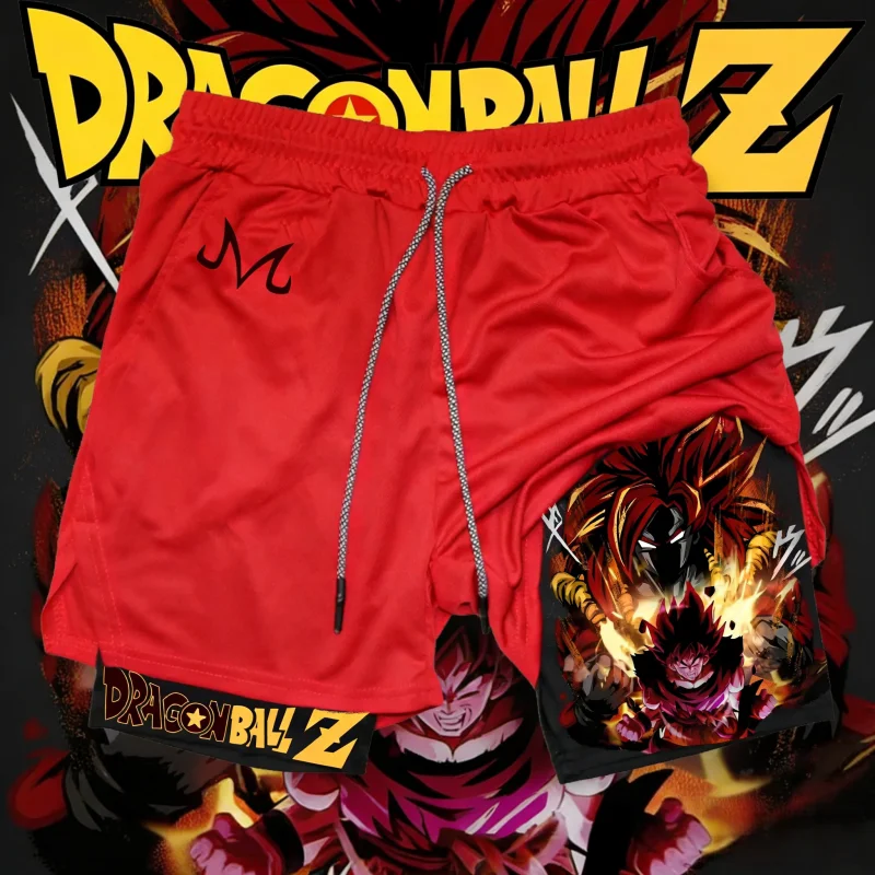 Dragon Ball Goku & Gogeta Print 2026 Sommer-Doppelschicht-Shorts, schnell trocknend, für Herren, Fitness, Laufen, locker, Übergröße, Y2k