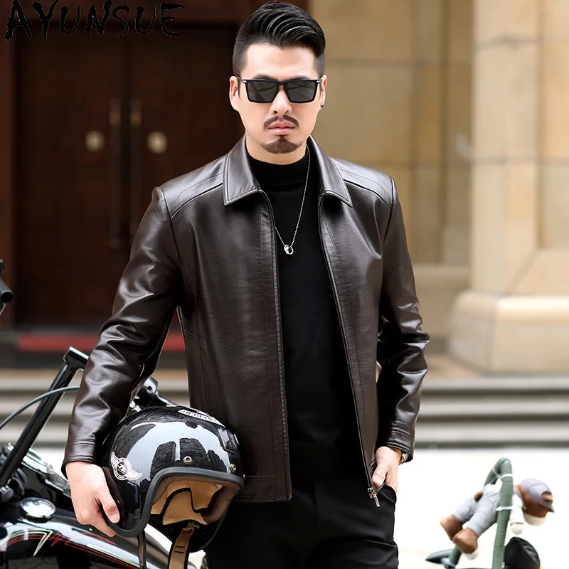 AYUNSUE Faux Medium and Long Leather Jacket Men's  Autumn and Winter New Business Casual Fleece Leather Coat Casacas Para Hombre