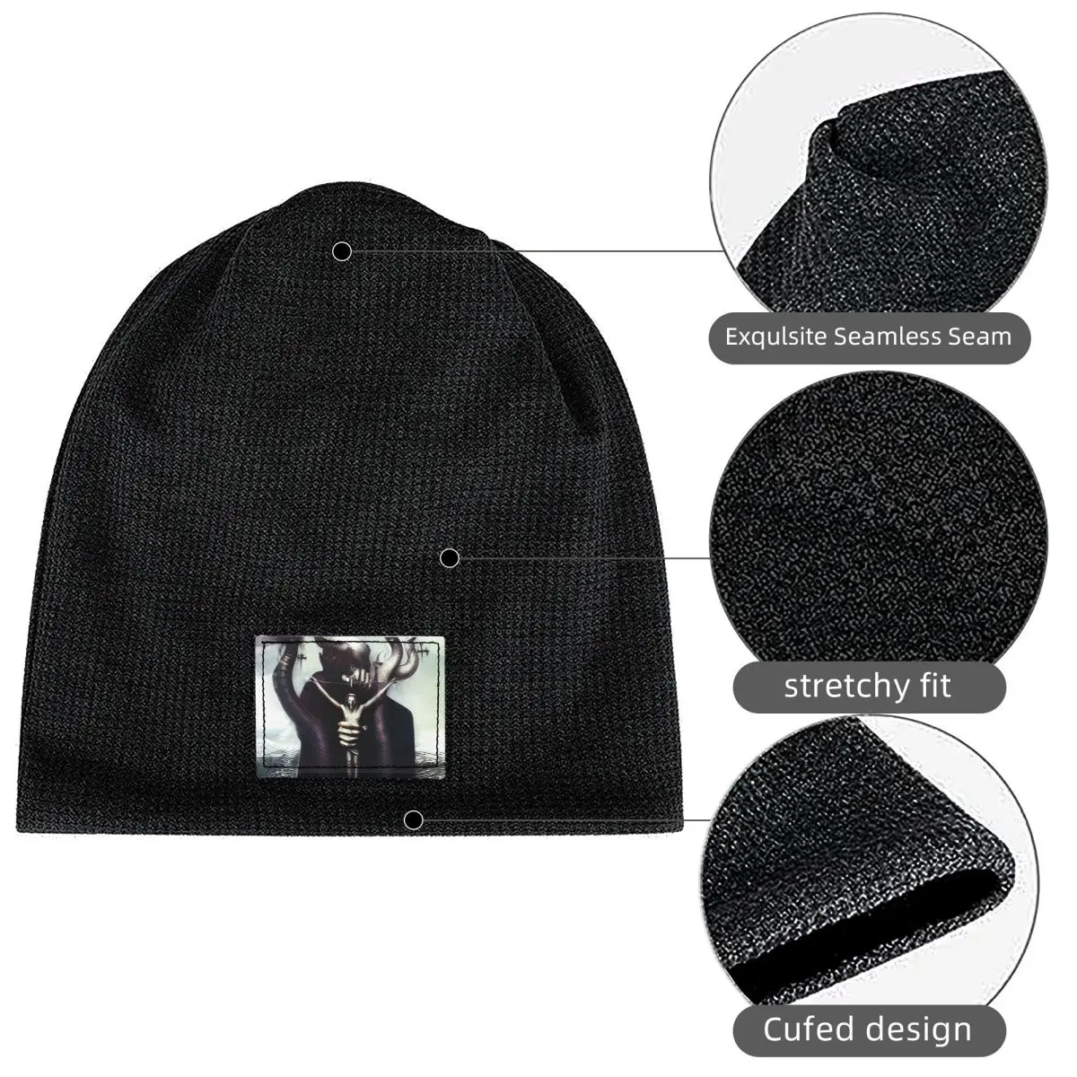 HR Giger Satan Waffle Knit Fleece Lined Beanie with PU Leather Patch Unisex Warm Winter Soft Cap