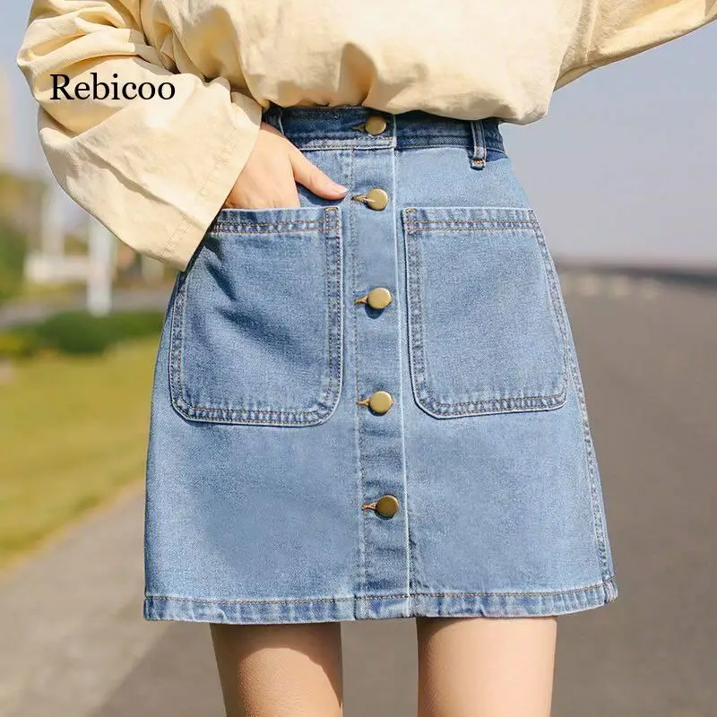 Denim Skirt High Waist A-Line Mini Skirts Women Summer New Arrivals Single Button Pockets Blue Jean Skirt Style Jeans
