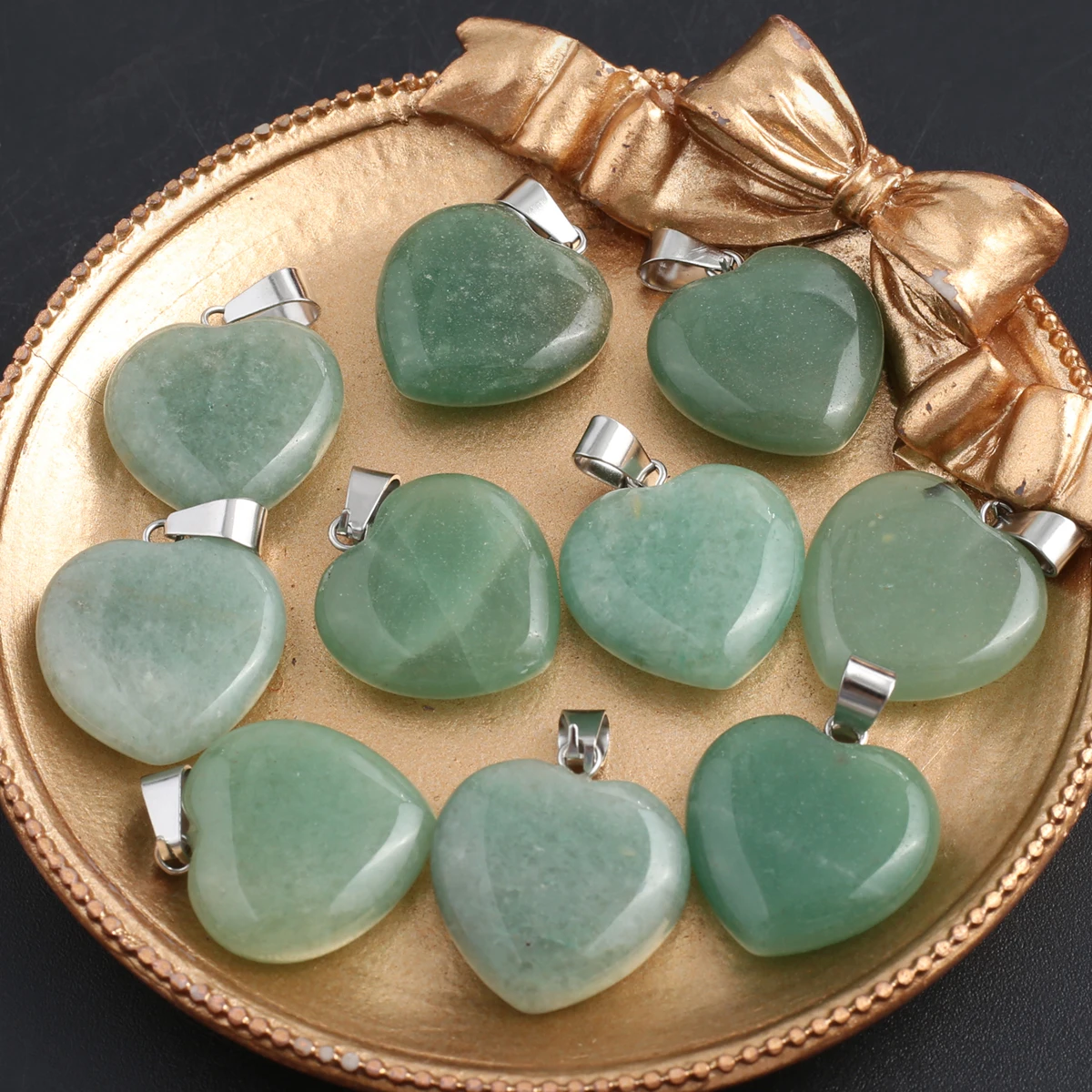 16/20mm Heart Shape Natural Green Aventurine Charms Silver Color Bail Pendants 5Pcs Set for DIY Necklace Jewelry Making Supplies