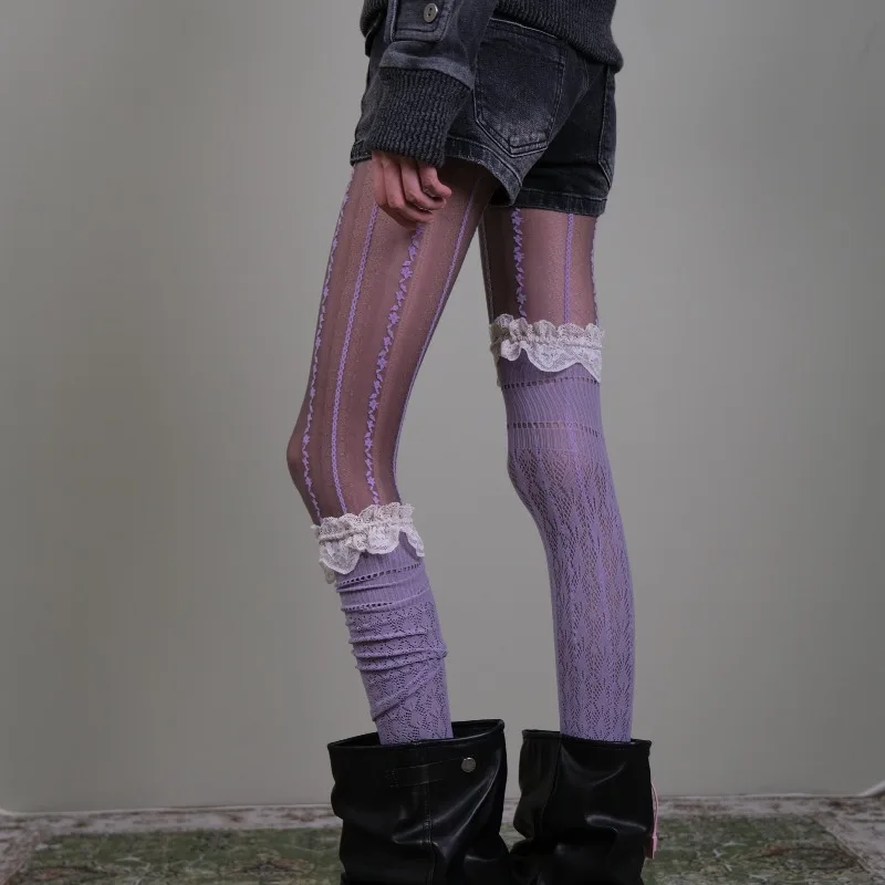2026 New Vintage Purple Striped Mesh Tights with Lace Trim Calf Socks Set, Autumn Winter Academia Layered Stockings for Women
