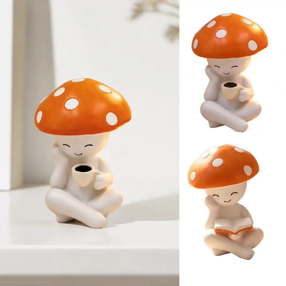 Resin Mushroom Desk Decor, Cute Red Meditation Mushroom Figurine For Office Tabletop Mini Fairy Garden Plant Ornament