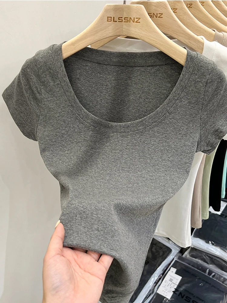 Sexy Square Collar Slim T Shirt Women Cotton Elastic Basic Solid Female Casual Tops Short Sleeve Thin T-shirts See Through