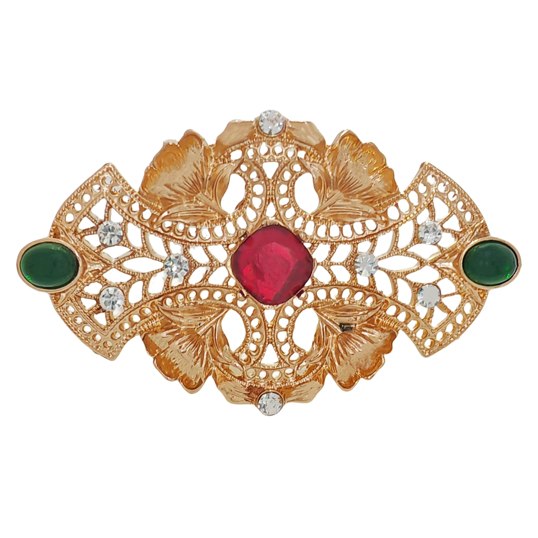 

1930s Vintage Gold Ornate & Filigree Red Art Deco Brooch Pin Italian Jewelry