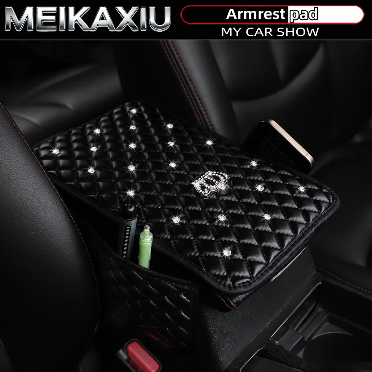 PU Soft Leather Car Armrest Cushion Crown Decor Artificial Diamond Detailing Automotive Interior Decoration with 2 Storage Bags
