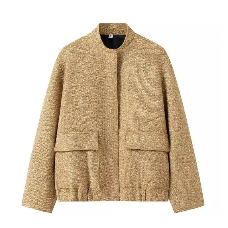 HKSH Herbst Neue Frauen Jacke Stehkragen Taschen Schwere Handwerk Pailletten Flut Chic Vielseitig High Street Koreanische Casual Mantel HK11640