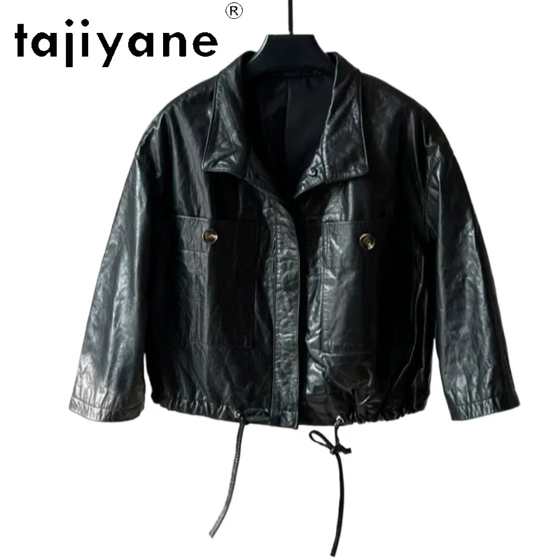 TAJIYANE Top Layer Oil Wax Cowhide Genuine Leather Jacket Women Cropped Jackets Drawstring Leather Coat Chic Outerwear Plus Size