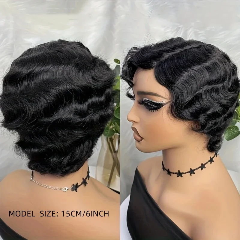 픽시 컷 인모 가발 핑거 웨이브 프리미엄 풀 머신 제작 150% 밀도