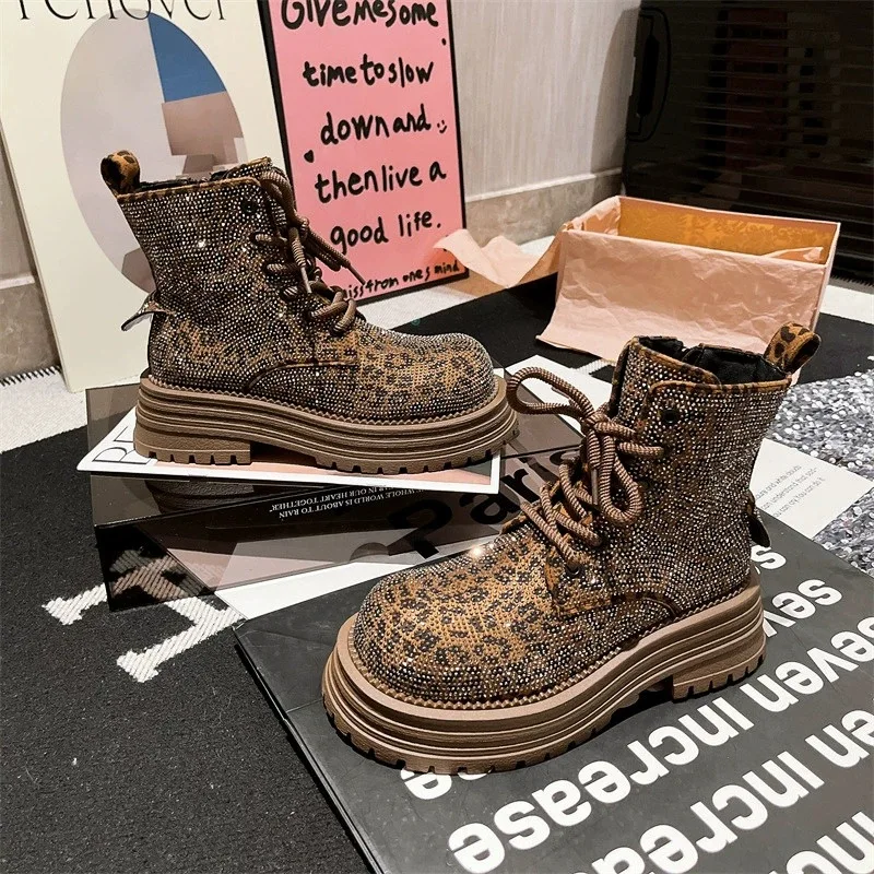 

Women Boots Winter Leopard Print Lace Up Rhinestone Short Boot Anti Slip Fashion Platform Outdoors Knight Boots Botas Mujer