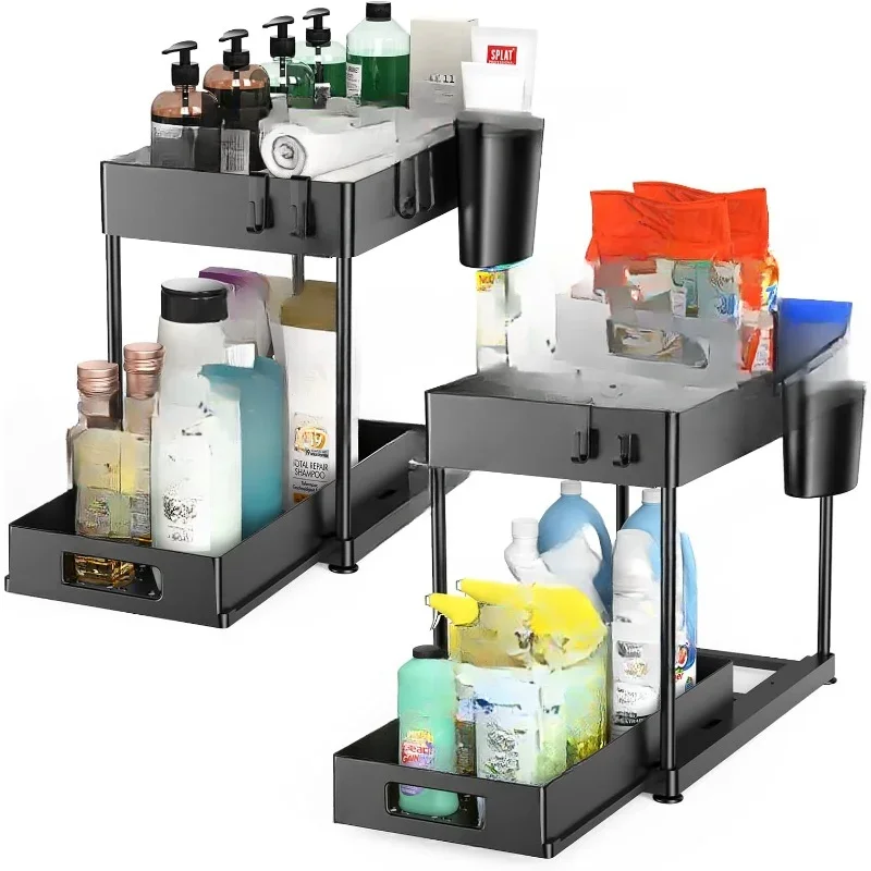 Under Sink Organizers and Storage, 2 Pack Large Capacity Heavy Load Pull-out Under Sink Shelves with Sliding Drawer