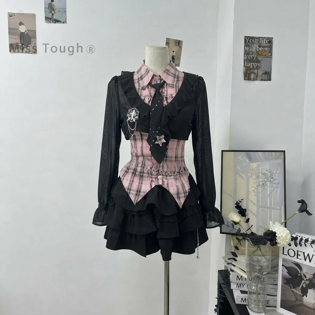 Gothic Dark Y2k Sweet Spicy Women 2 Piece Set Knitted Lace Blouse + Fitted Checkered Shirt + Strapless Cake Dress 2026 Outfits