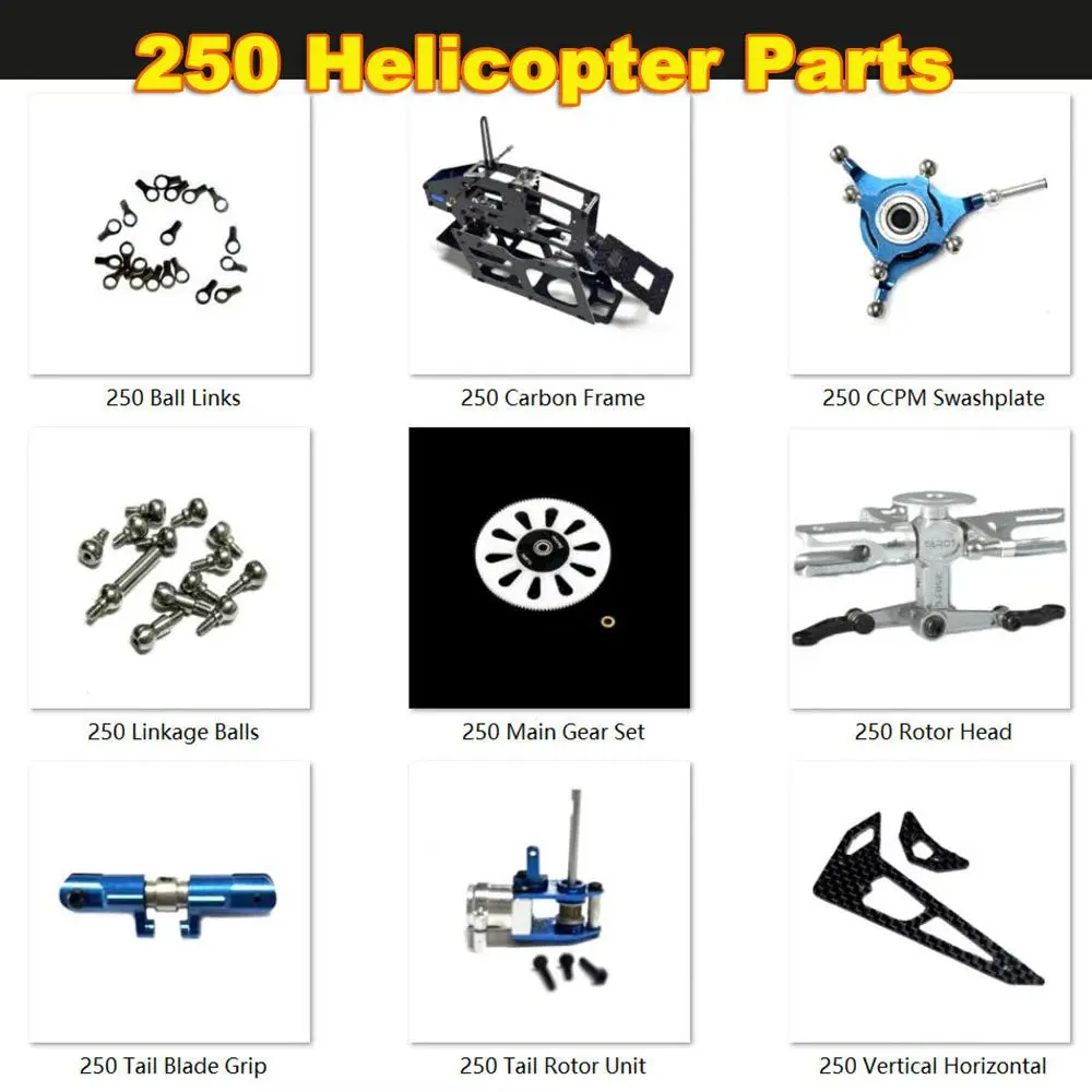 TREX 250 hélicoptère de rechange: cadre principal/support de lame/plat de lavage/tige de liaison/engrenage principal/tête de rotor/boîte de queue/aile verticale