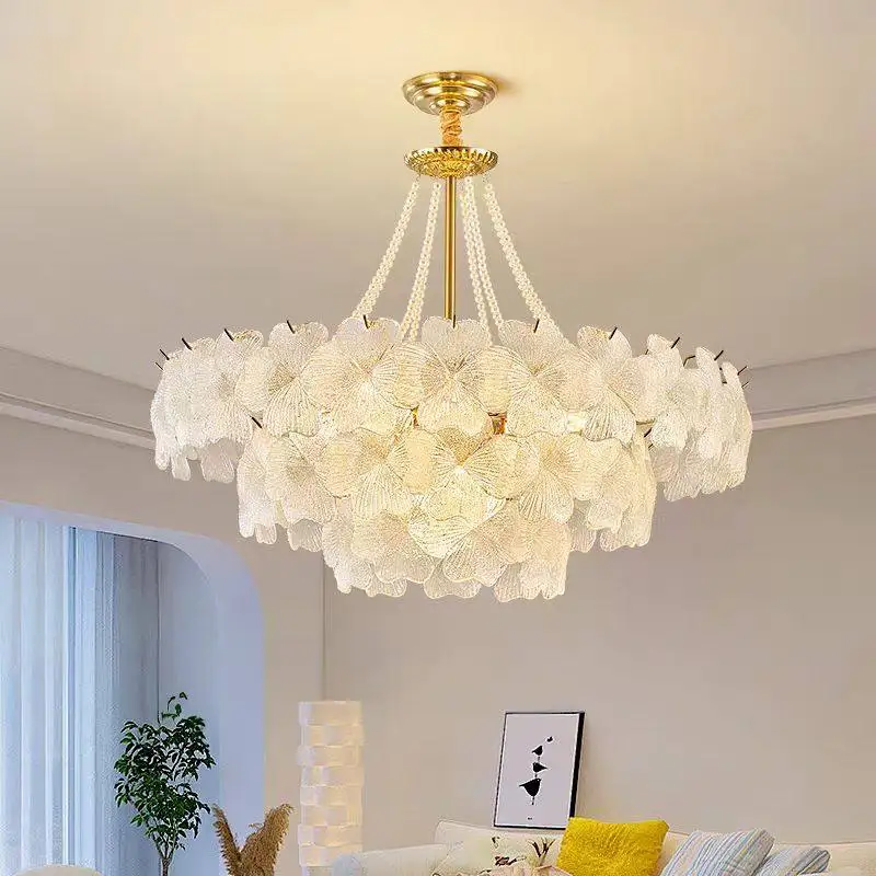 Light Luxury Crystal Lamp French Living Room Pendant Light Dining Room Bedroom Designer Petal Cream Style New Lighting Fixtur