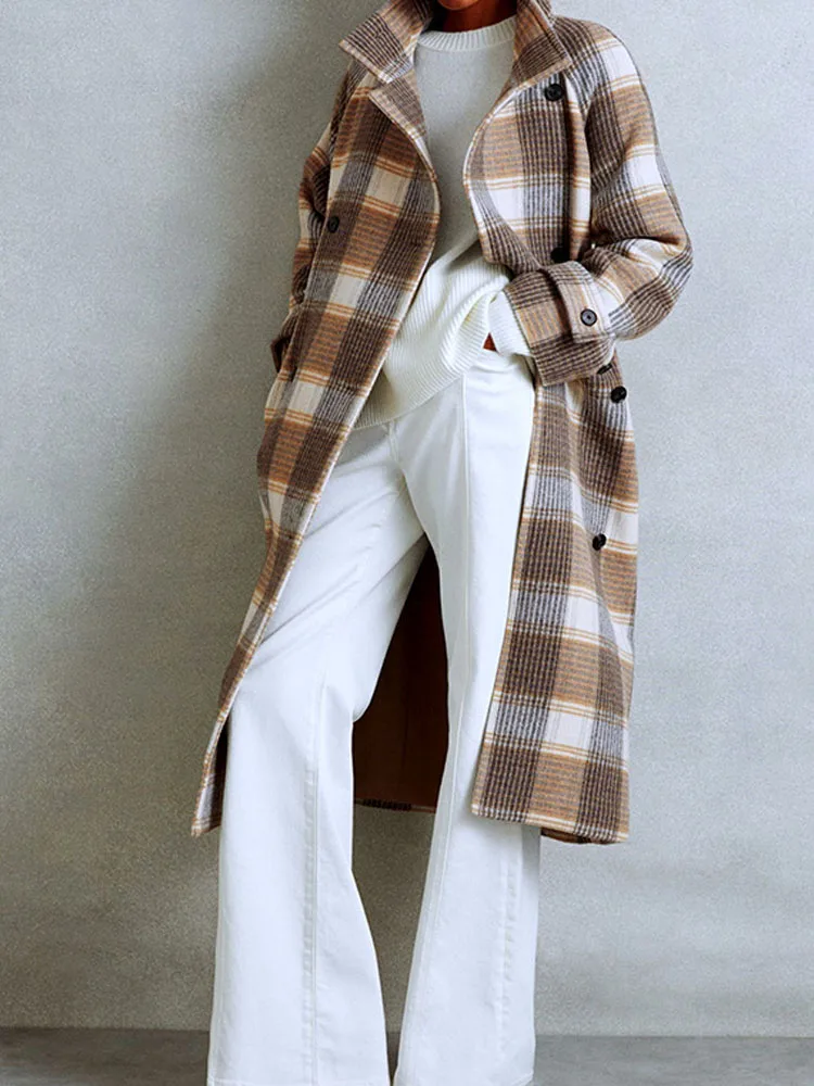 

Fashion Lapel Collar Checkered Print Coats Elegant Single breasted Loose Jackets Fall Winter Casual Long Sleeve Long Outercoats