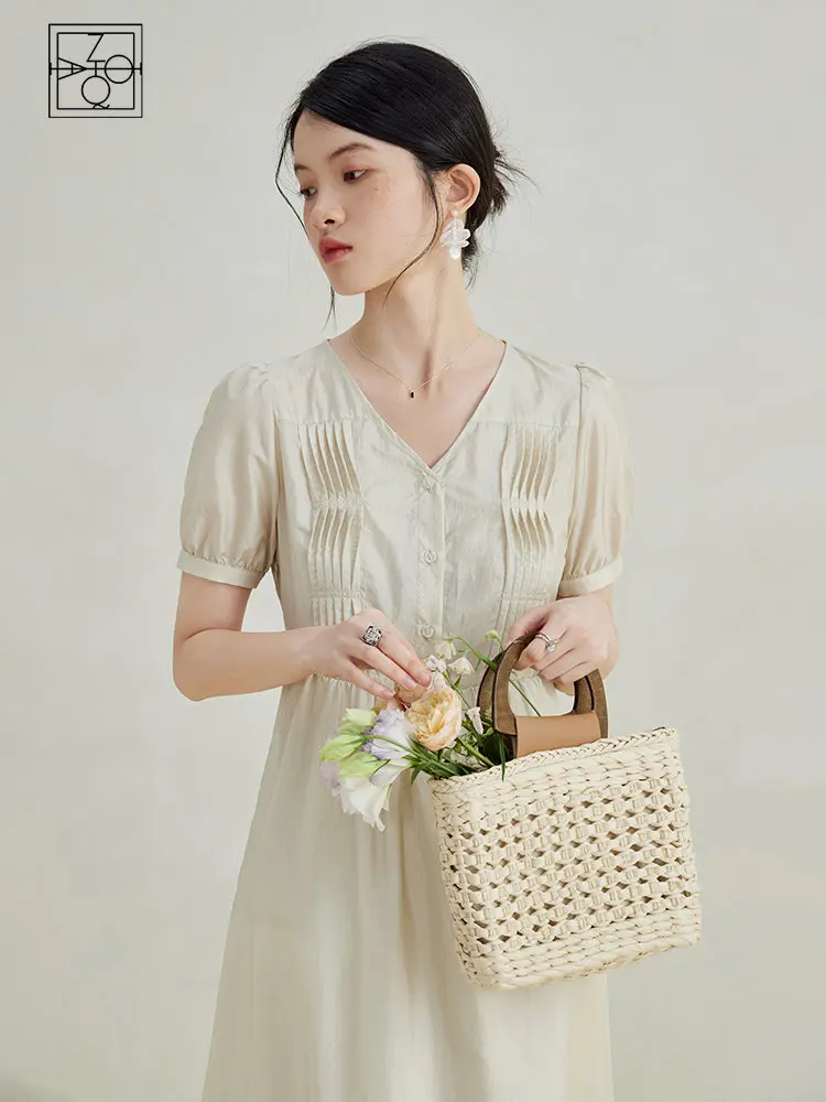 

ZIQIAO Classical Literary Retro V-neck Dress for Women Summer Niche Design Sense Waist Temperament Elegant Dress Female