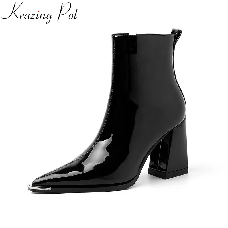 

Krazing Pot 2025 Superstar Cow Leather Pointed Toe Modern Boots Zipper High Heels Warm Winter Concise Dating Elegant Ankle Boots