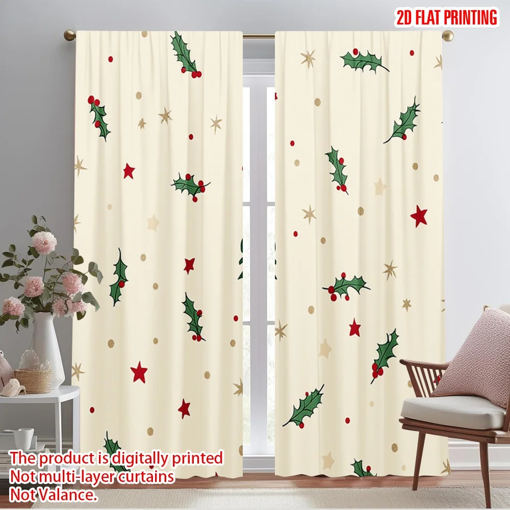 2pcs,2D plane printing Creative Curtains Christmas Tree And Berries (3) Durable Polyester (without rod) Holiday for Bedroom,