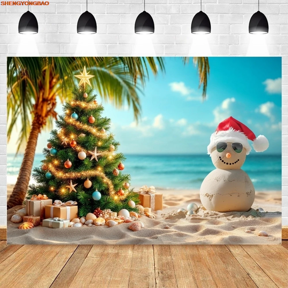 الصيف عيد الميلاد خلفية شاطئ البحر شجرة جوز الهند ثلج شجرة عيد الميلاد هدايا الطفل الاطفال صورة خلفية التصوير الفوتوغرافي