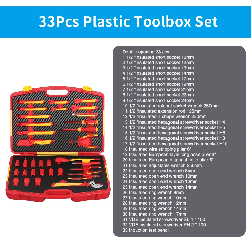 33PCS OEM Customizable Multifunctional Insulated Hand Tools Set With Chrome Vanadium Steel 3-Year Warranty In Plastic Box