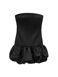 Strapless Mini Dress for Women with Rhinestones, Straight Neck, Back Zipper, Female Dresses, Sexy Fashion