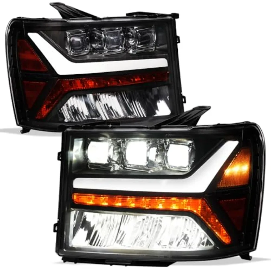 Compatible con GMC Sierra 2007-2013 1500/2007-2014 2500 3500 HD carcasa negra faros de proyector tri secuenciales LED completos con