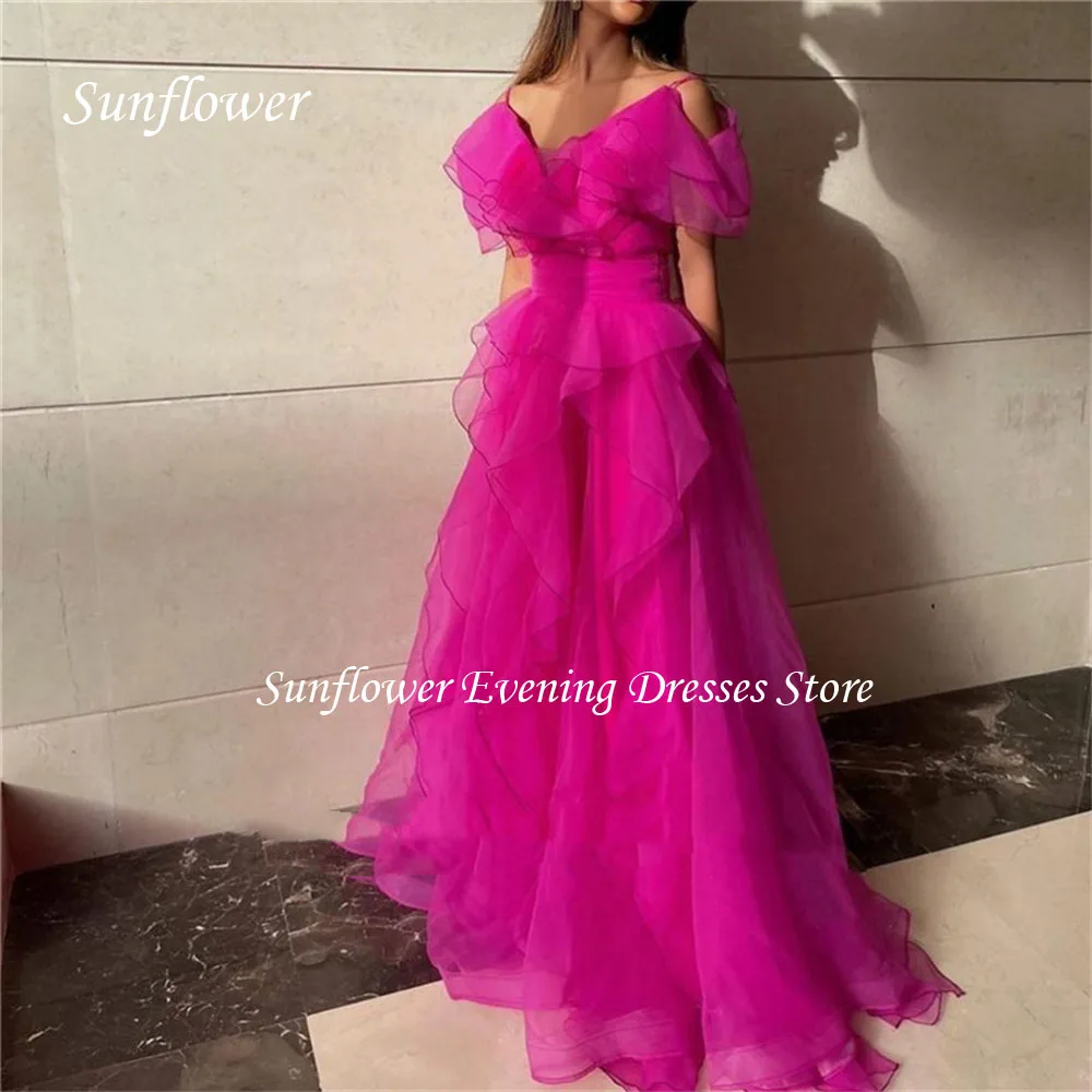 Sunflower V-Neck Spaghetti Strap Prom Gown A-LINE Evening Dress Slim Tiered Tulle Party Dress 2023 Floor-Length Prom Dress