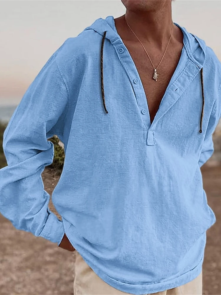 Seaside Beach Mens Casual Hoodie Shirt Long Sleeve Solid Color Cotton Linen Hoodies Men Vintage Loose V Neck Buttoned Hooded Top