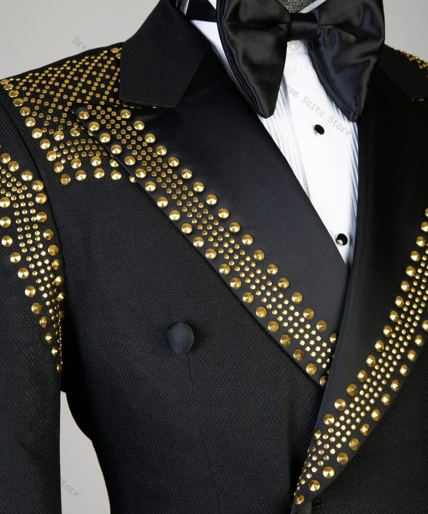 الرجال البدلة مجموعة 2 قطعة السترة + بانت بنطلون فاخر الذهبي بلورات مخصصة مكتب رسمي سترة الزفاف البدلات الرسمية معطف القطن