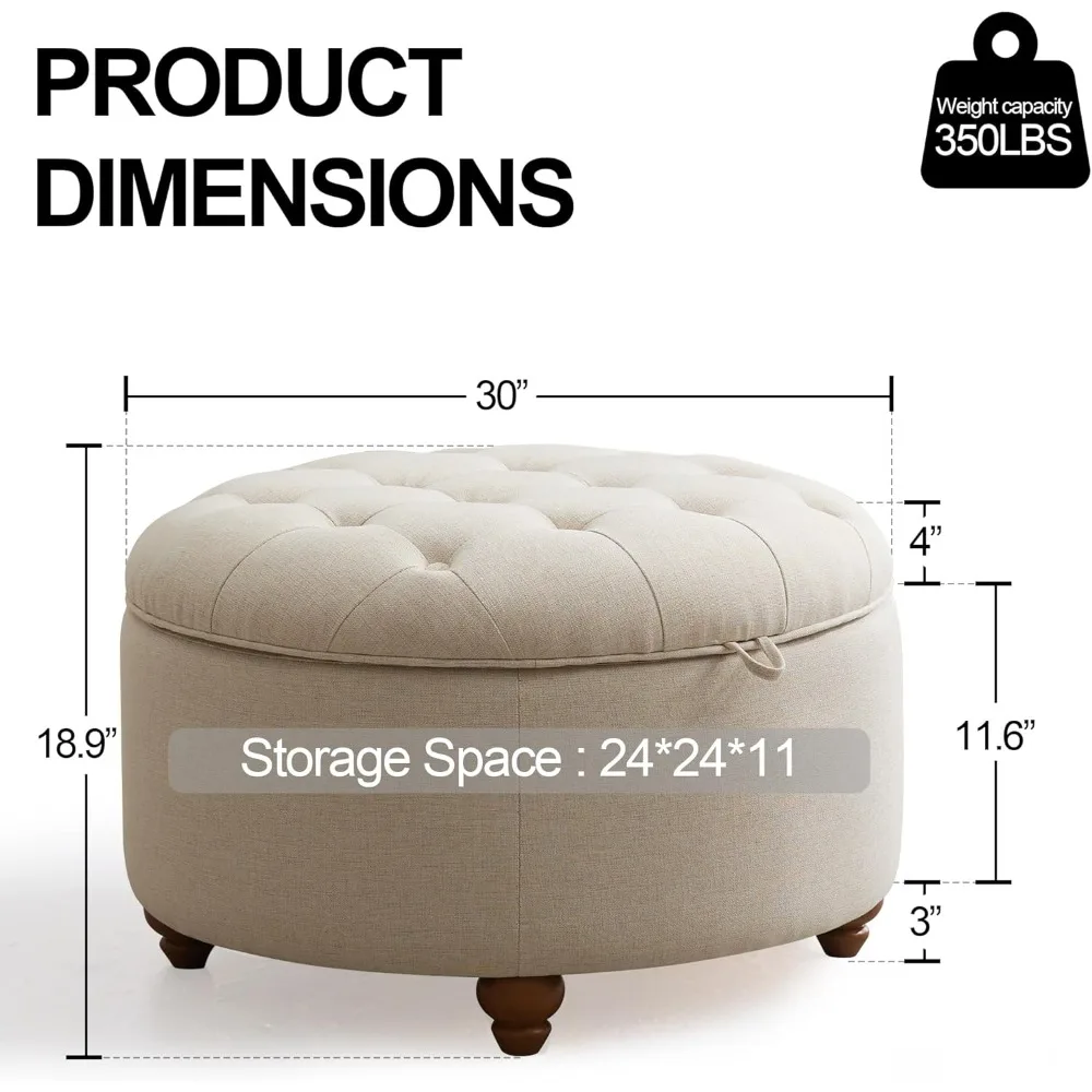 طاولة قهوة عثمانية مستديرة للتخزين مع سطح منجد وصينية قلابة وأرجل خشبية لمساحات المعيشة وغرف النوم #2