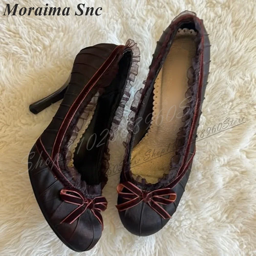 Trendy Red Silk Ruffles Decoration Pumps Thin High Heel Shoes For Women Slip On Round Toe 2024 Fashionable Zapatos Para Mujere