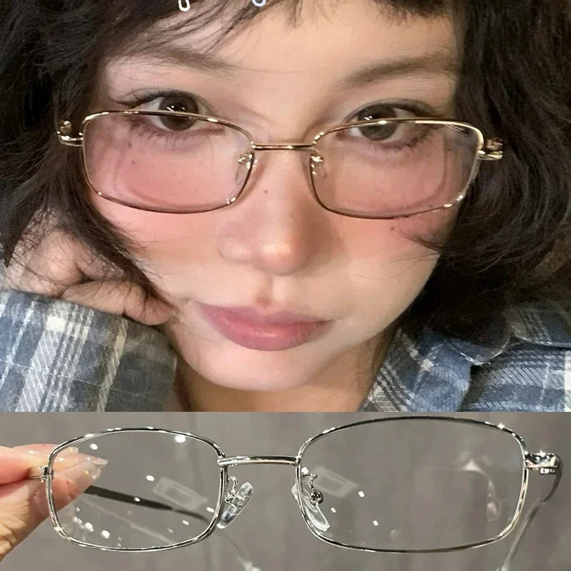 Harajuku Y2K Vintage Small Square Frame Glasses for Women Men Metal Eyeglasses Clear Reading Glasses Blue Light Blocking Eyewear