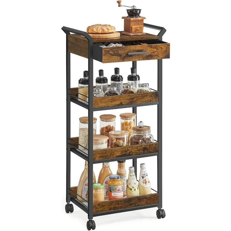 Storage Cart, Rolling Utility Cart with Table Top, Handles, 4 Lockable Casters, Top Drawer, Mesh Shelves, for Kitchen,