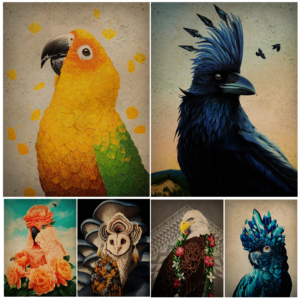 

Pink Parrot And Mushroom Owl Vintage Wall Art Canvas Painting Blue Crystal Parrot Mysterious Creature Art Poster And Print Decor